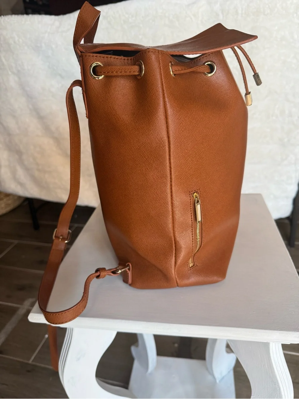 Barneys New York Cognac Saffiano Leather Bucket Backpack